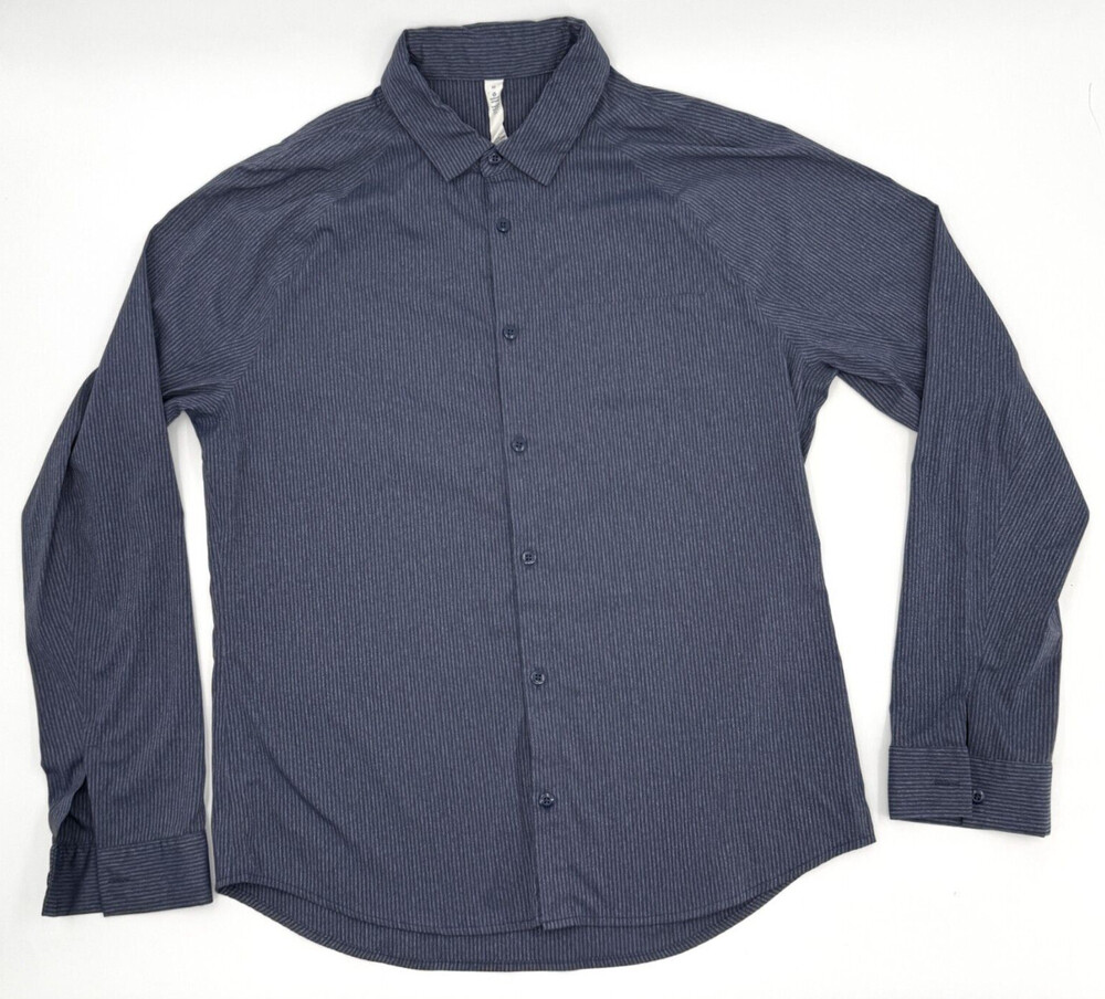 Lululemon Shirt Mens Medium Navy Striped Button Dow Long Sleeve Collared Logo
